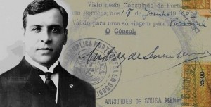 Consul Aristides de Sousa Mendes. On the background, one of the 30.000 visas given to refugees.