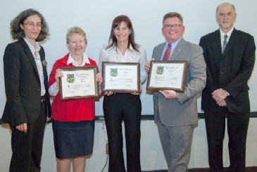 From left, Sílvia Oliveira, associate professor of modern languages; Nancy Carriuolo, president of Rhode Island College; Kim Sawyer, executive director of US Embassy Lisbon’s Connect to Success program; David Silva, professor of linguistics, provost and academic vice president at Salem State University in Massachusetts; and Ron Pitt, RIC vice president for academic affairs 