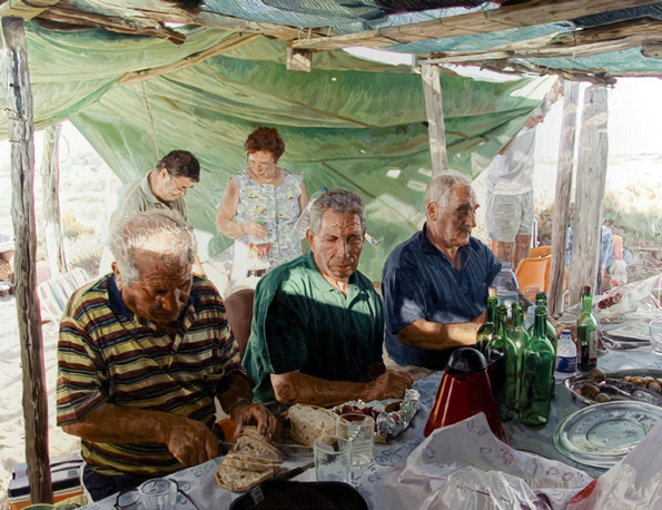 Men on Faro beach (2011), oil on canvas, 74inx96in